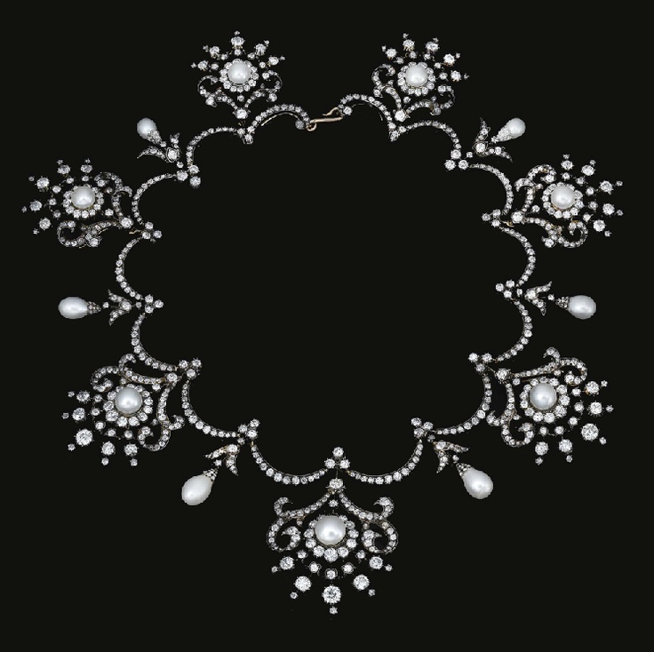 [As a necklace] PEARL  AND  DIAMOND  TIARA, 	  	  CIRCA  1900	  	  Designed...