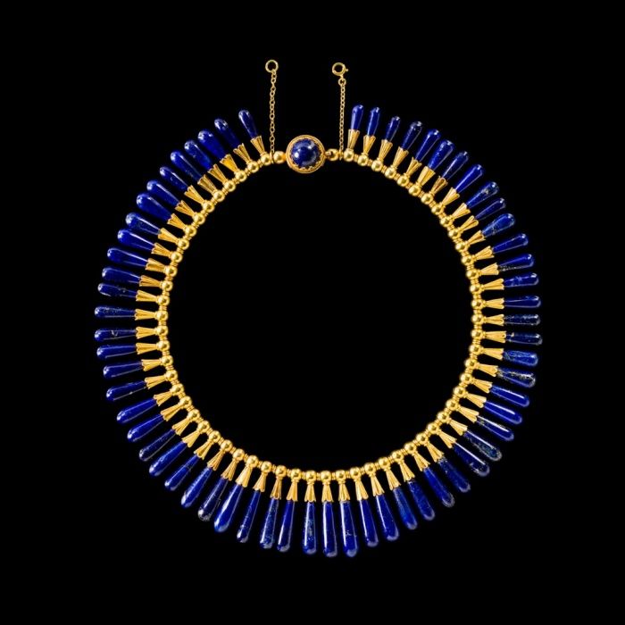 Egyptian style necklace and earrings: lapis lazuli, gold Luigi Freschi, Rome, It...