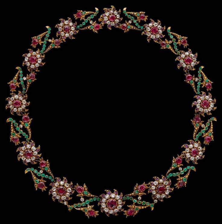 Emerald, ruby, diamond and gold giardinetti necklace, circa 1760.