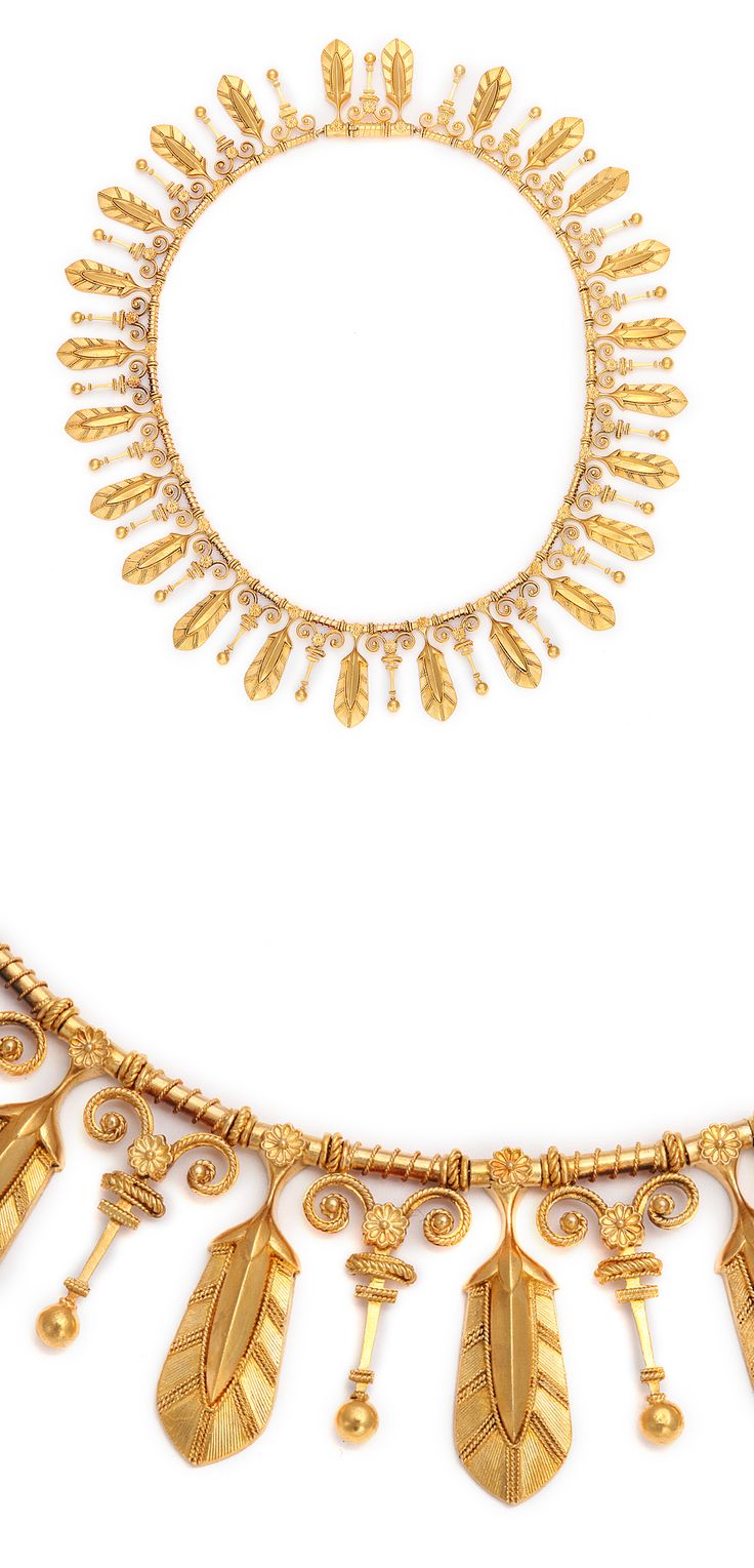 Etruscan Revival gold fringe necklace with palmettes, alternating with floral mo...