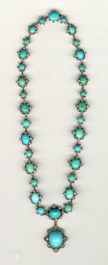 Georgian turquoise necklace with graduated stones and rose cut diamonds. LOVE!