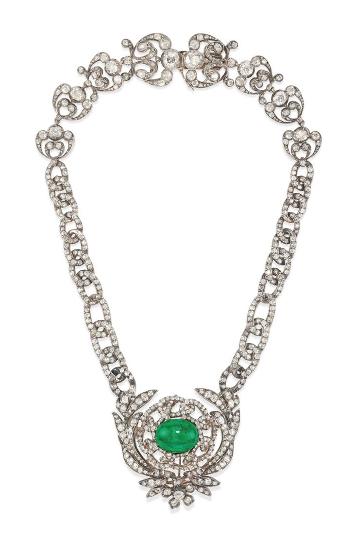 LATE 19TH CENTURY EMERALD AND DIAMOND NECKLACE Oval cabochon emerald, old-cut di...