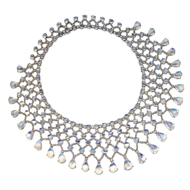 Moonstone, diamond and platinum bib necklace, by Fred Leighton.