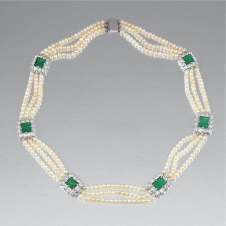 Pearl, Emerald And Diamond Necklace