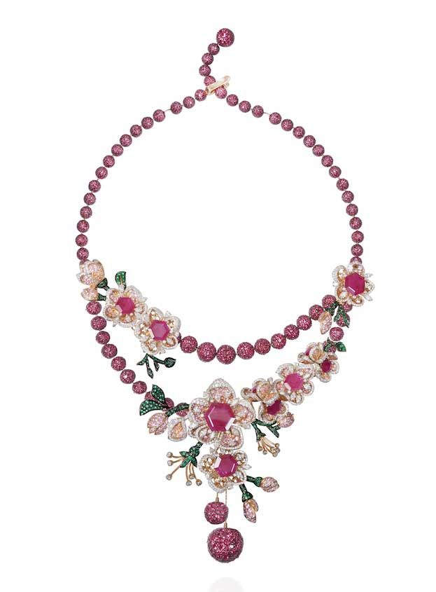 Ruby, emerald, diamond, pink sapphire and orange sapphire necklace.