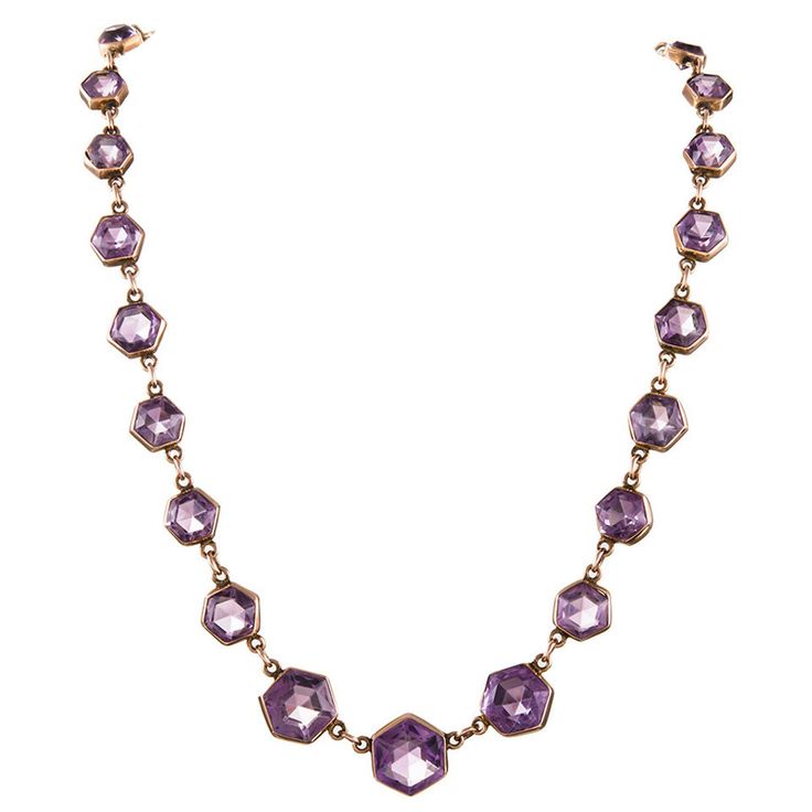Victorian Hexagonal Amethyst Gold Necklace. Set in 9 carat gold, each six-sided ...