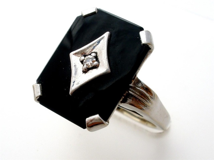 14K White Gold Art Deco Black Onyx Diamond Antique Ring 4.4 Grams Size 6 Estate ...