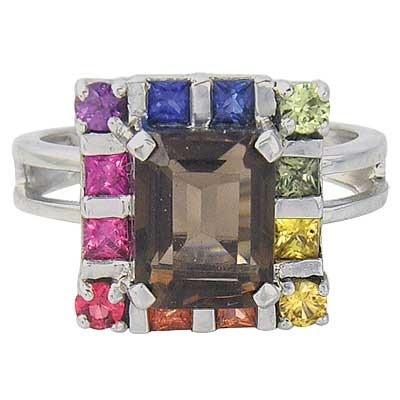 3.26ct Rainbow Sapphire & Smoky Quartz Rubix Cube 14K White Gold Ring
