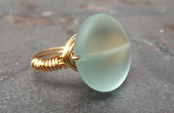 Aqua Sea Glass Ring Gold Wire Wrapped Ring by SherryKayDesigns