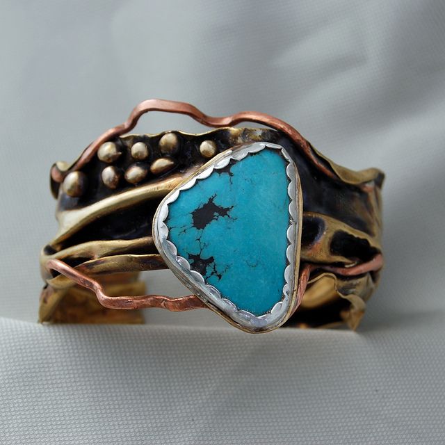Cuff | Cyndie Smith.  Turquoise, sterling silver, copper and brass.