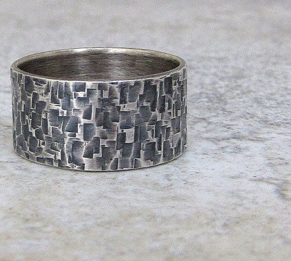Hammered Silver Ring Distressed Squares Wide Band