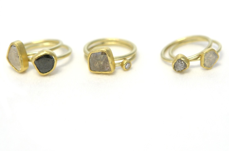 Petra Class - Selection of 22/18k gold rings with raw, rough, and grey diamonds ...