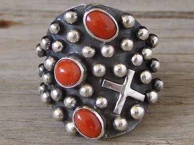Ronnie Willie Mediterranean Red Coral Four Corners Cross Ring, Navajo