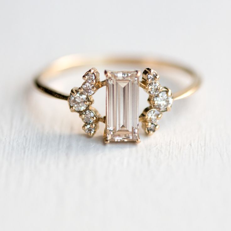 Spun Silk Ring in 14k Yellow Gold, Pink champagne baguette diamond ring