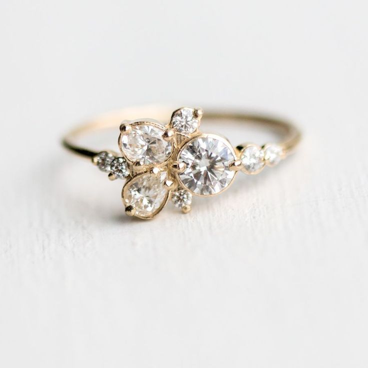 Stars at Eventide Ring, White diamond cluster ring in 14k yellow gold by Melanie...