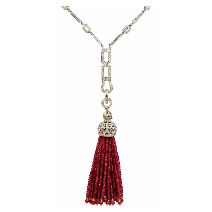 Ruby and diamond tassel necklace.