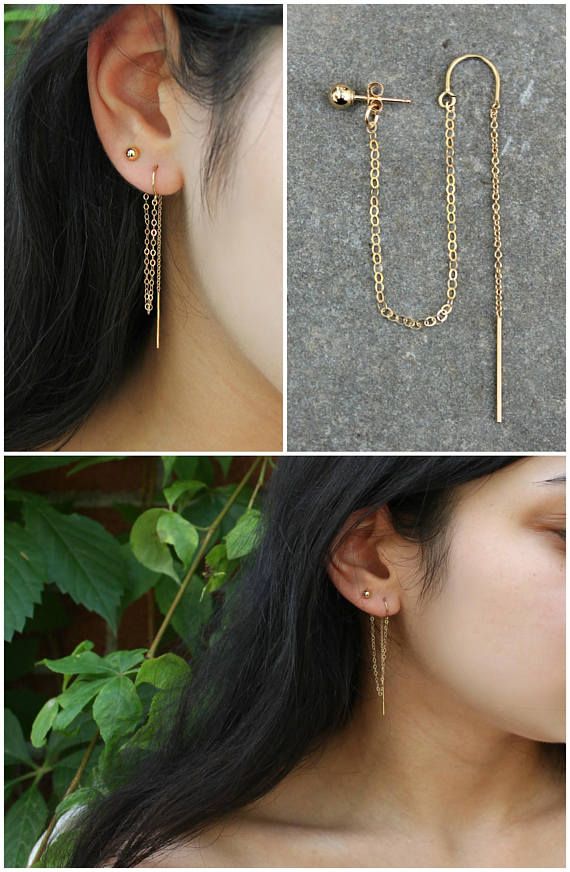 2-piercings set Threader earrings 14k gold filled threaded