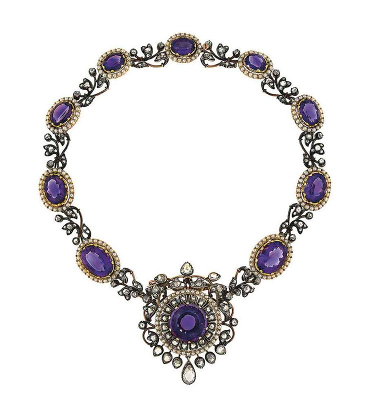 A late 19th century amethyst, diamond and seed pearl necklace