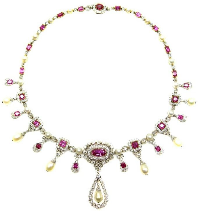 Antique diamond, ruby and pearl fringe necklace, English c.1895  , seven graduat...