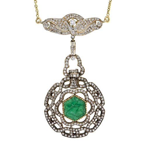 Carved emerald and diamond necklace.