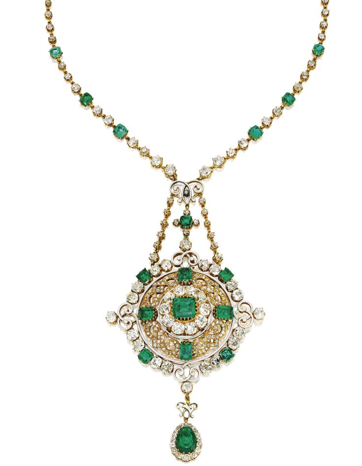 Diamond and emerald renaissance-revival necklace.