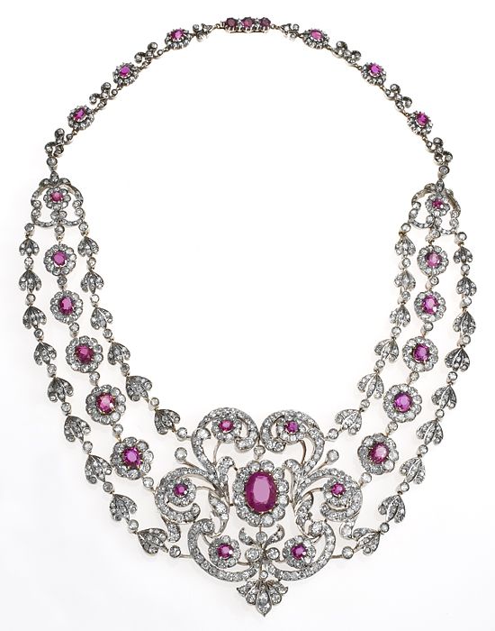 Diamond and ruby bib necklace, circa 1880.