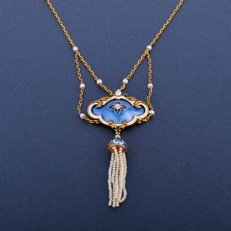 Enamel, diamond and pearl tassel necklace.