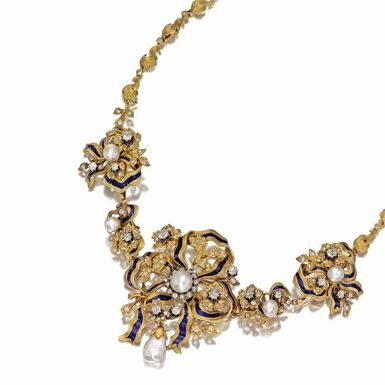 Gold, diamond, pearl and enamel necklace.
