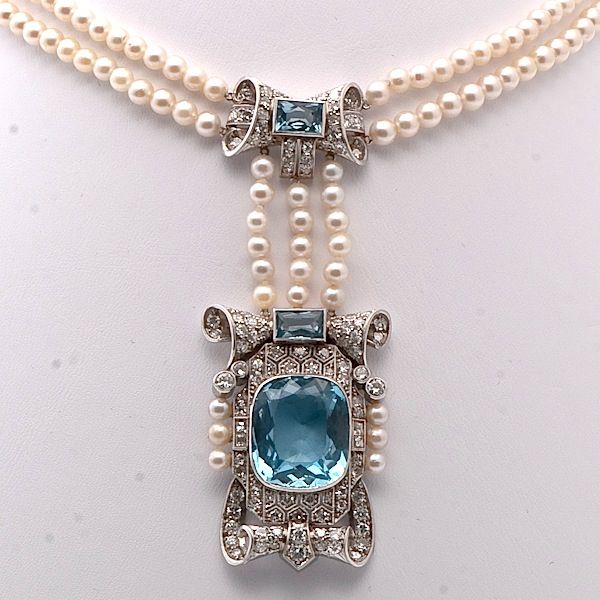 Victorian pearl, aquamarine, and diamond pendant necklace.