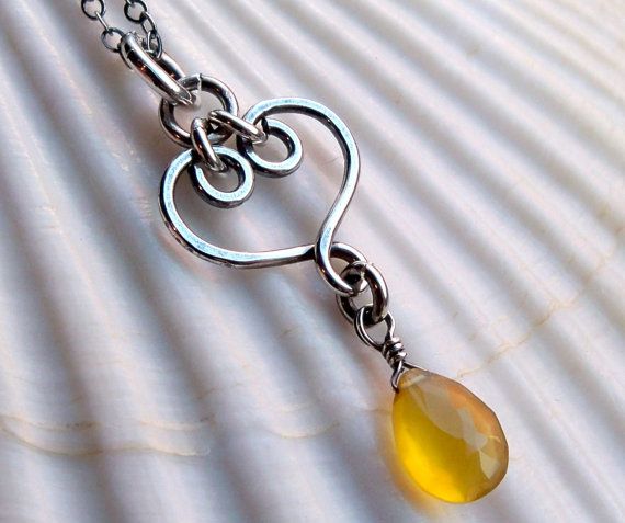 Bright yellow chalcedony forged heart necklace - Sterling silver handmade wire w...
