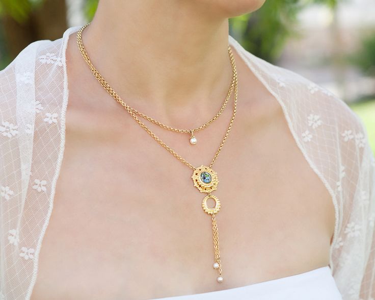 Gold layer necklace, Double layer necklace, Double necklace, Bridal necklace, Bl...