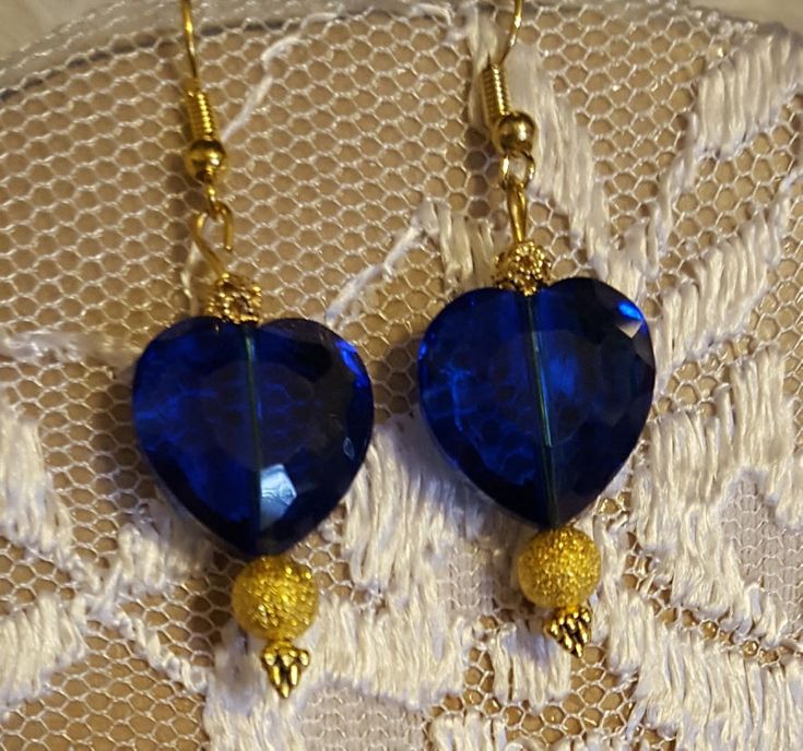 GoldHeart Earrings, Valentine Earrings, Blue Heart Earrings, Valentine Heart Ear...