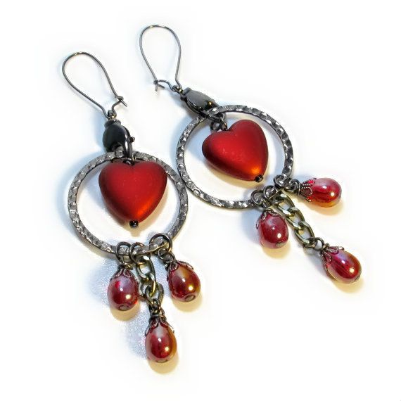 Heart Earrings, Valentines Earrings, Crimson Red. $18.99, via Etsy.