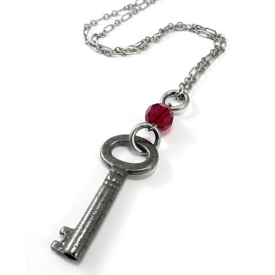 Lock & Key - Antique Key Necklace - Valentines Day Red