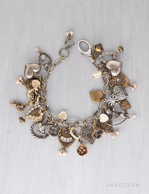 Lots of Love Charm Bracelet - full of vintage sterling and brass charms by janed...