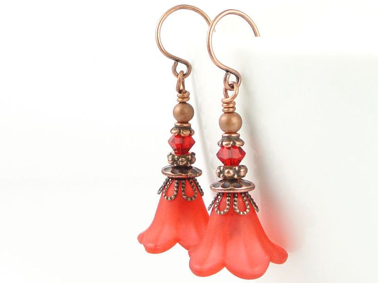 Lucite Flower Earrings Red Earrings Frosted Lucite Flower Jewelry Copper Earring...