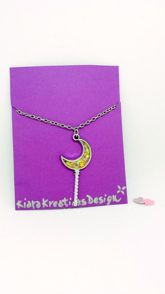 Moon necklace with magic Wand in resin, bag charm as a gift for girlfriend for v...