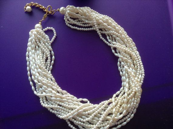 Napier Faux Seed Pearl Necklace Choker Multi-strand Gold White Signed Bridal Vin...