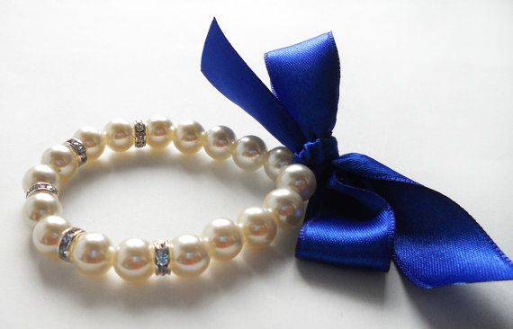 Pearl bracelet with royal blue satin ribbon and rondelles bridal bracelet brides...