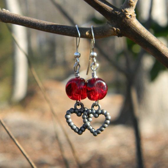 Red earrings heart earrings beaded earrings romantic jewelry valentines day anni...