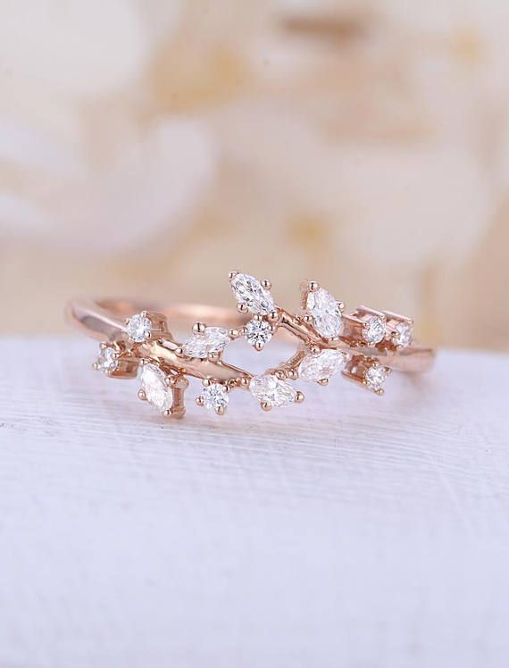 Rose gold engagement ring Diamond Cluster ring Unique engagement ring leaf weddi...