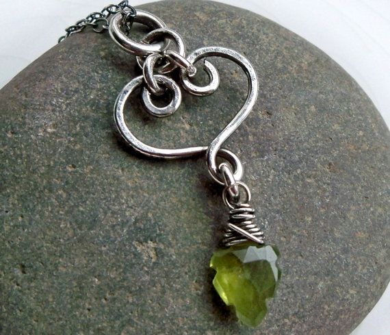 Sweet Leaf forged heart and olive green vesuvianite little leaf necklace - Handm...