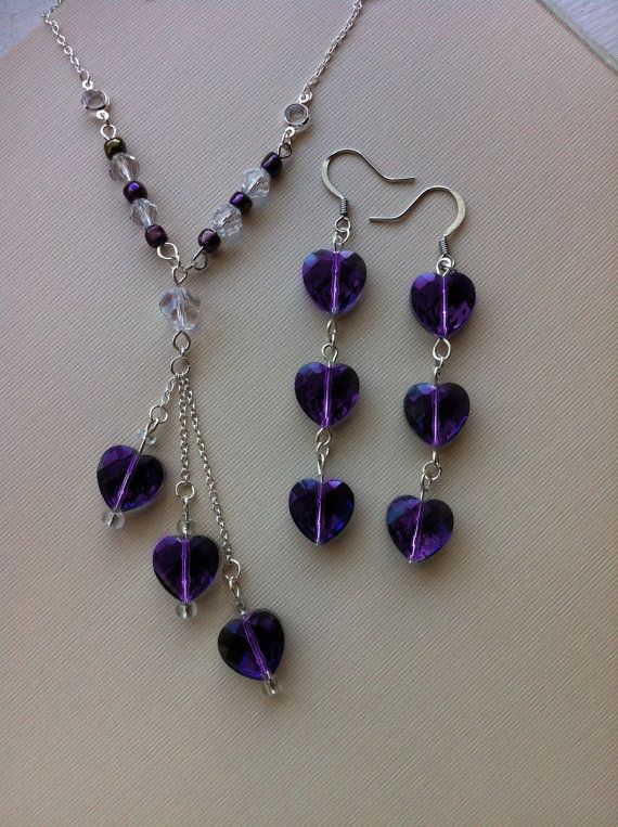 Valentine's Day Set - Purple Heart Dangle Earrings and Y by RileyJewelryDesi...