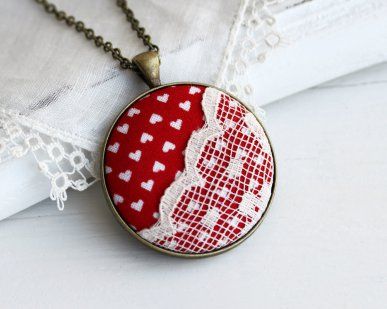 lace pendant necklace with red fabric and white hearts by the whirlwind | via em...