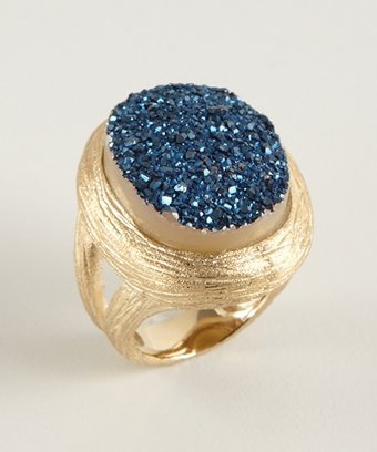 Marcia Moran gold and blue oval druzy stone ring ~ ($ 128 bluefly price)