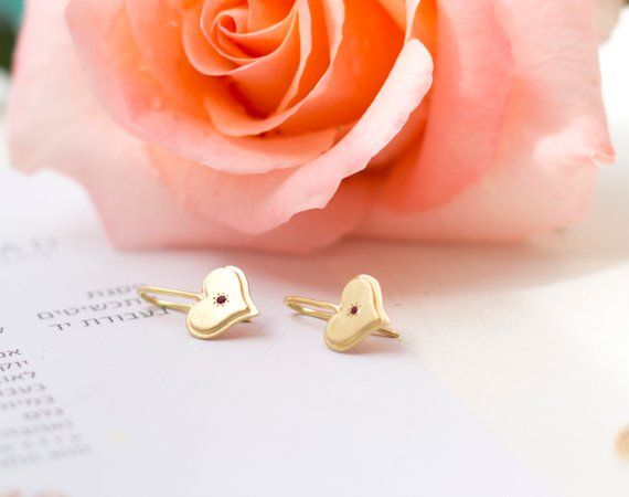 14k Yellow Gold Heart Ruby Earrings, Valentines Gift, Rubies Dangle Earrings for...