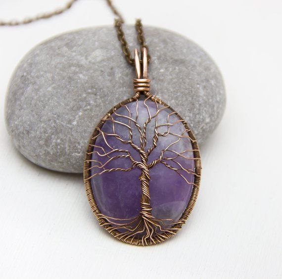 Amethyst Necklace Tree-Of-Life Necklace Amethyst Pendant Copper Wire Wrapped Pen...