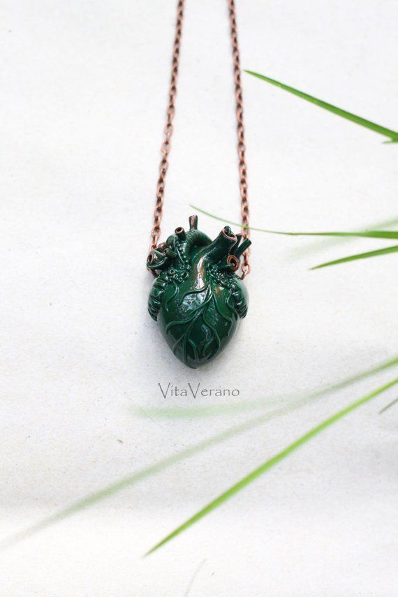 Anatomical heart necklace Green Heart Pendant Green Heart Necklace Anatomical He...