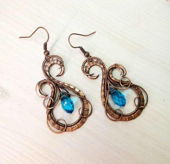 Handcrafted wire wrapped copper earrings with blue czech glass beads for woman H...