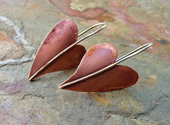 Handmade Copper Earrings / Shabby Chic Heart / Mixed Metal Earrings / Heart Earr...